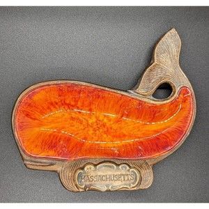 Vtg Treasure Craft ORANGE WHALE Ashtray Trinket Nut Dish Bowl Massachusetts 7in
